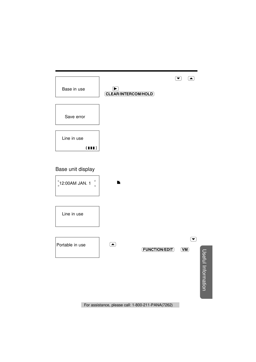 Panasonic KX-TG2564S operating instructions Base unit display, Base in use Save error Line in use 