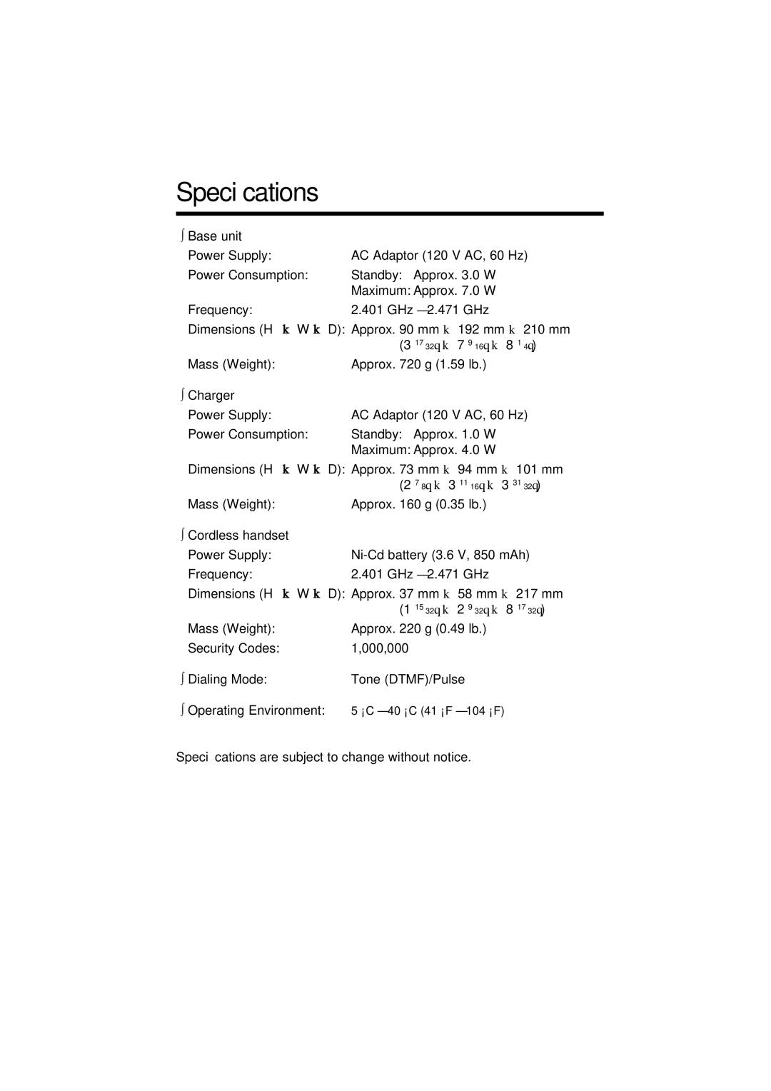 Panasonic KX-TG2564S operating instructions Speciﬁcations 