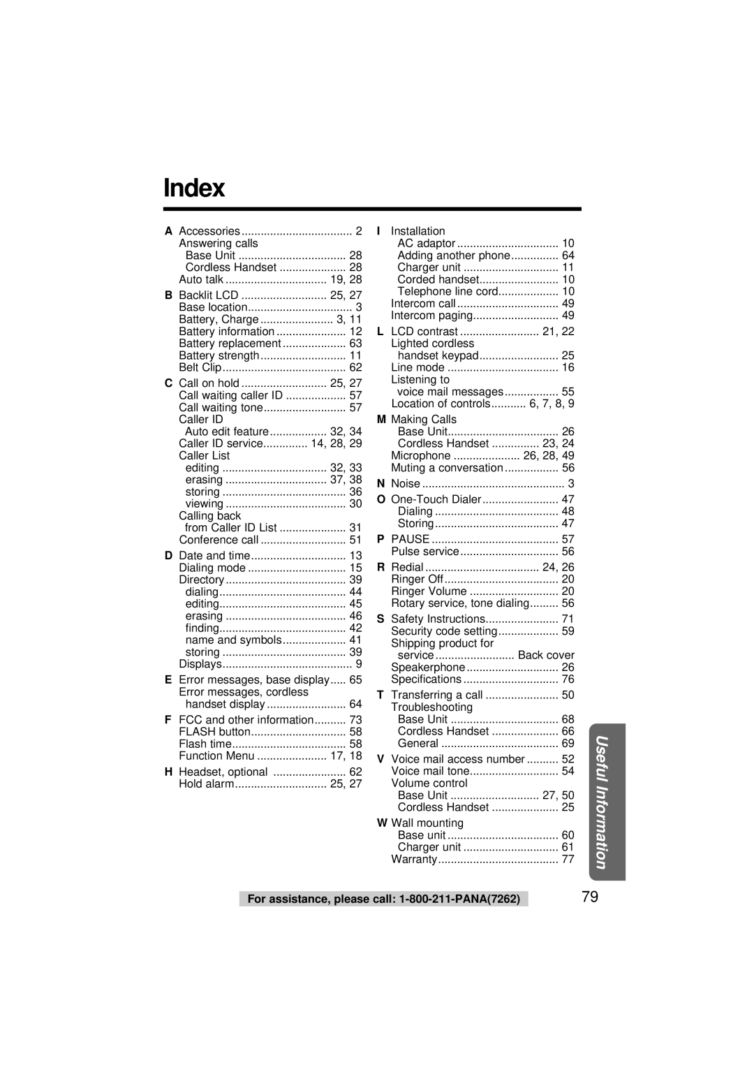 Panasonic KX-TG2564S operating instructions Index, Calling back 