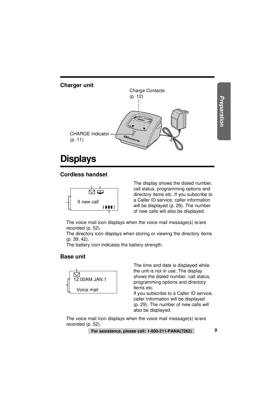 Panasonic KX-TG2564S operating instructions Displays, Charger unit, Charge Contacts p Charge Indicator p 