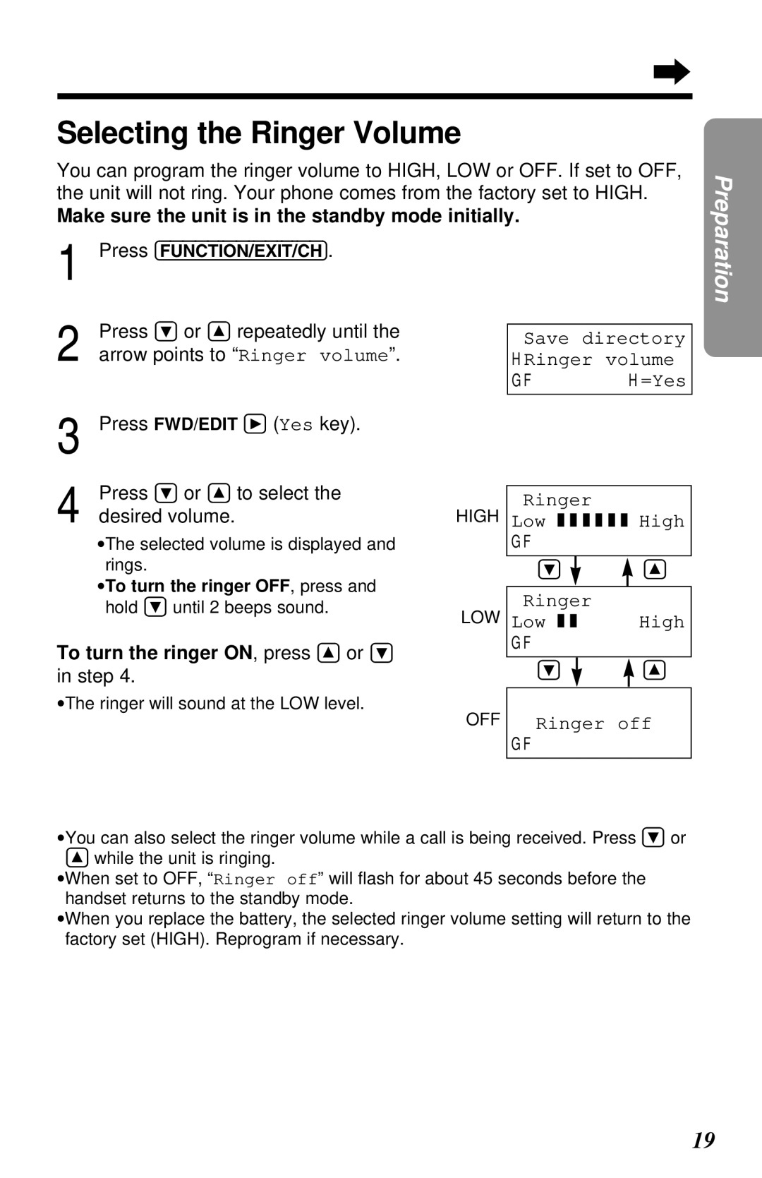 Panasonic KX-TG2581ALS, KX-TG2581NZS Selecting the Ringer Volume, To turn the ringer ON, press Ñ or Ö 