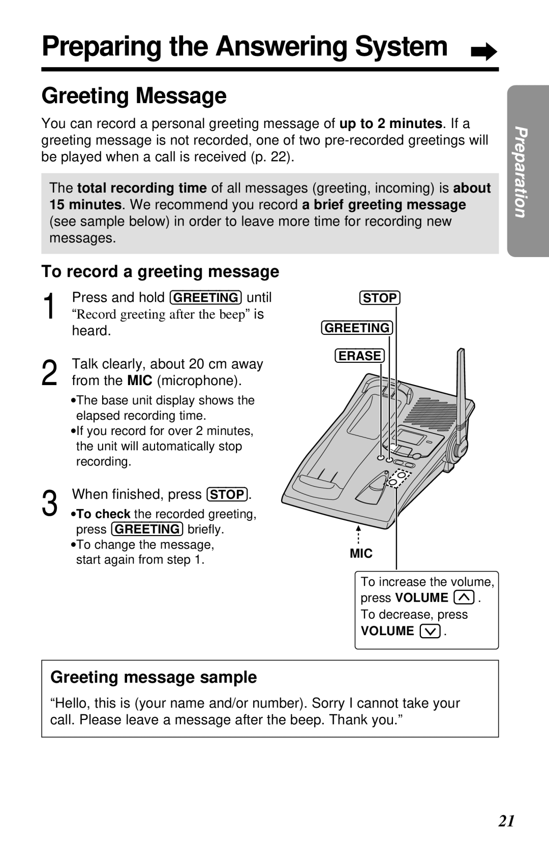 Panasonic KX-TG2581ALS, KX-TG2581NZS Preparing the Answering System, Greeting Message, To record a greeting message 