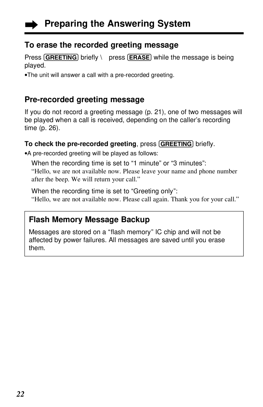 Panasonic KX-TG2581ALS, KX-TG2581NZS Preparing the Answering System, To erase the recorded greeting message 