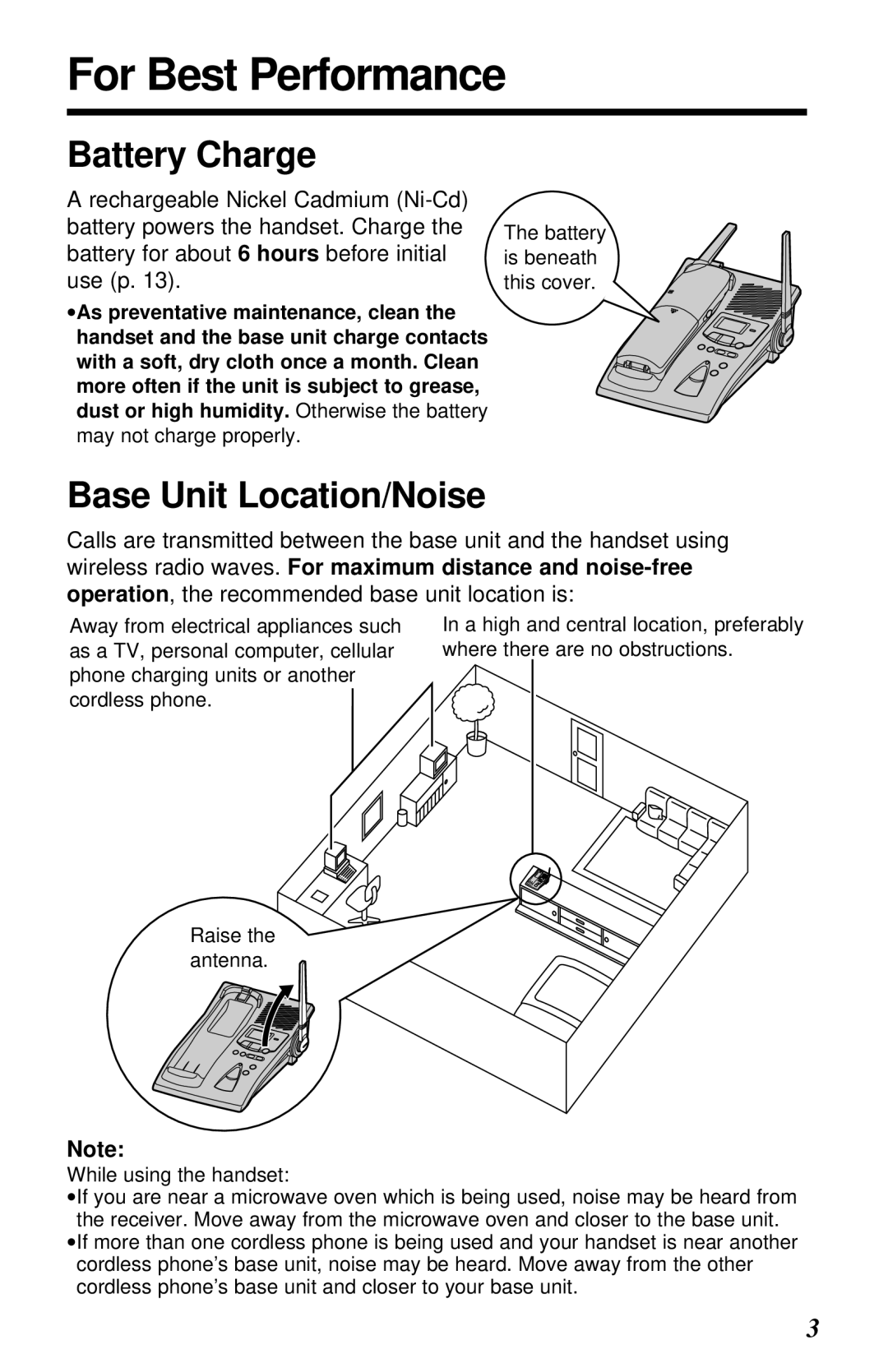 Panasonic KX-TG2581ALS, KX-TG2581NZS operating instructions For Best Performance, Battery Charge, Base Unit Location/Noise 