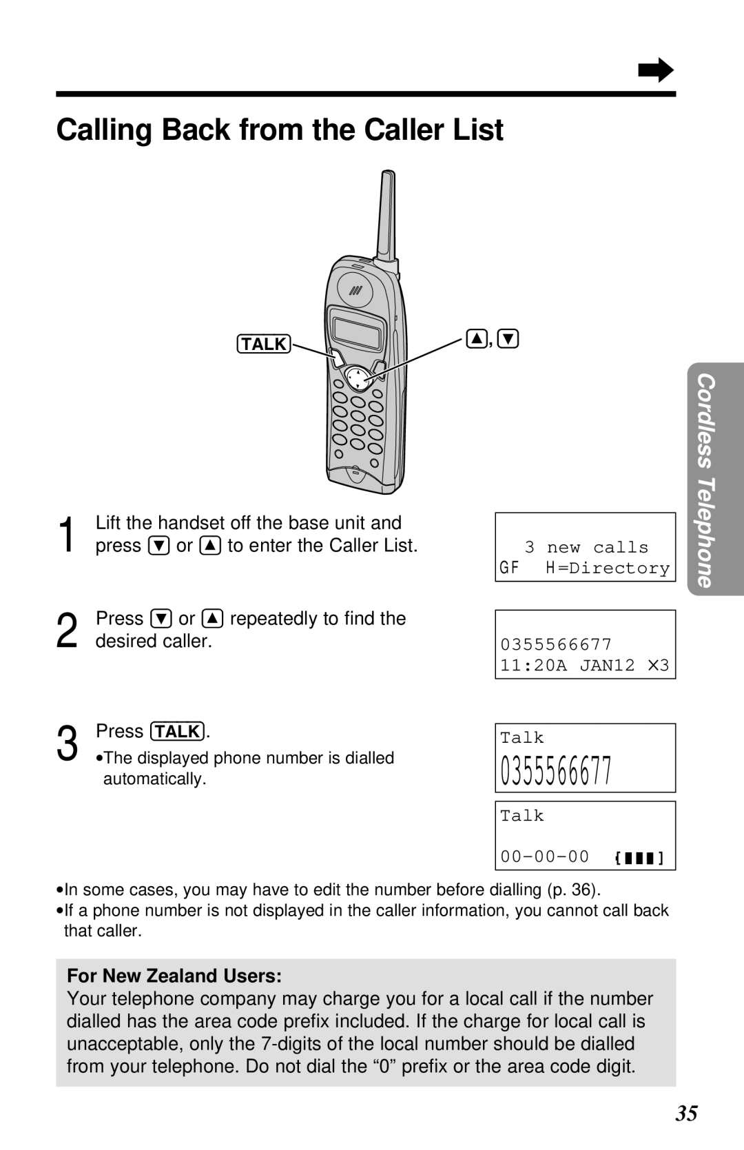 Panasonic KX-TG2581ALS, KX-TG2581NZS operating instructions Calling Back from the Caller List, Talk 00-00-00 