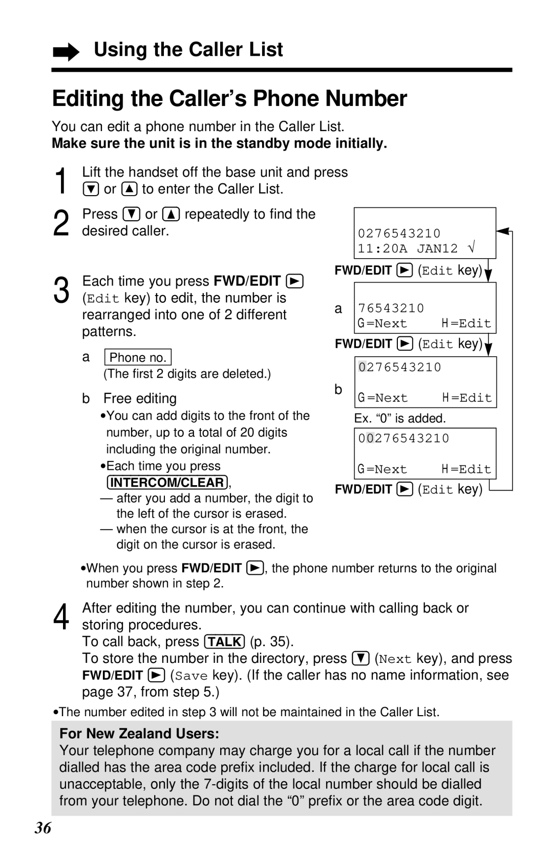 Panasonic KX-TG2581ALS, KX-TG2581NZS Editing the Caller’s Phone Number, 0276543210 1120A JAN12 √, 76543210 =Next H=Edit 