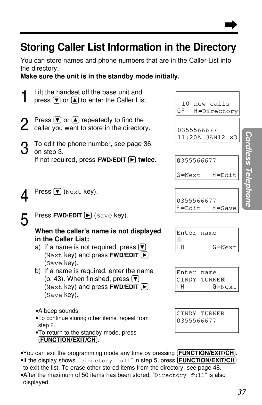 Panasonic KX-TG2581ALS, KX-TG2581NZS Storing Caller List Information in the Directory, IH G=Next Cindy Turner 