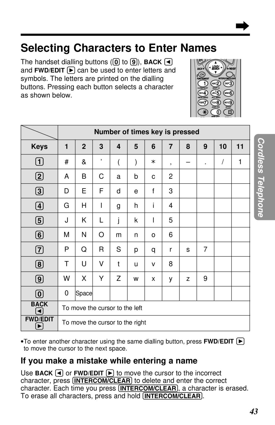 Panasonic KX-TG2581ALS, KX-TG2581NZS Selecting Characters to Enter Names, If you make a mistake while entering a name 