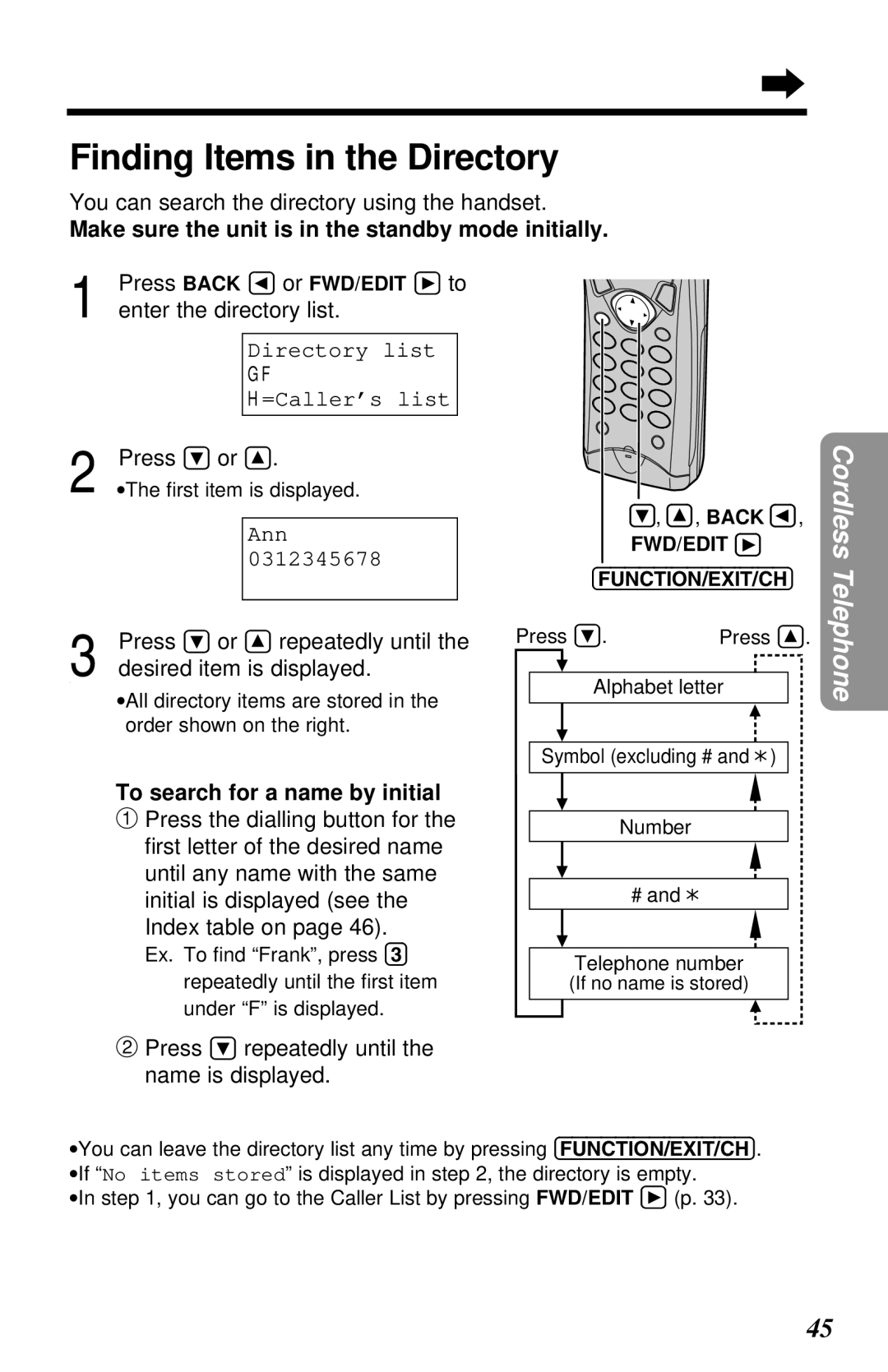 Panasonic KX-TG2581ALS, KX-TG2581NZS Finding Items in the Directory, Directory list =Caller’s list, Ann 0312345678 