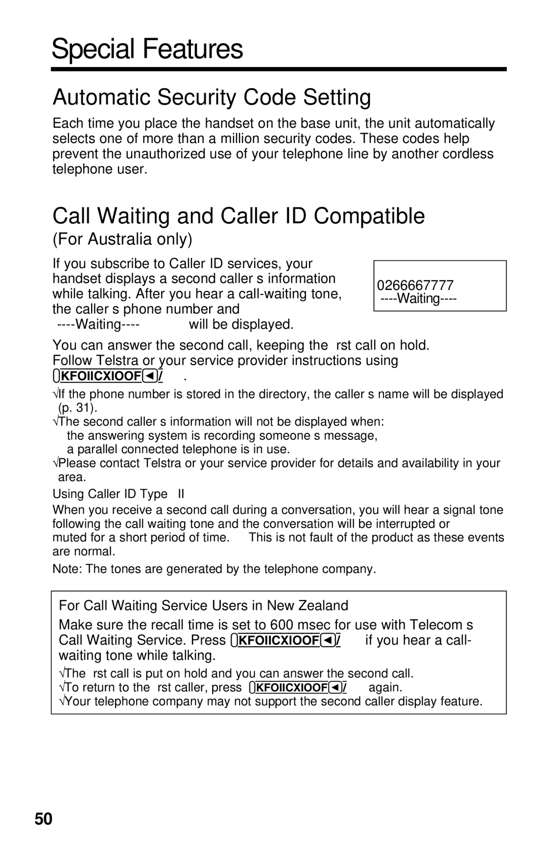 Panasonic KX-TG2581ALS, KX-TG2581NZS Special Features, Automatic Security Code Setting, For Australia only 