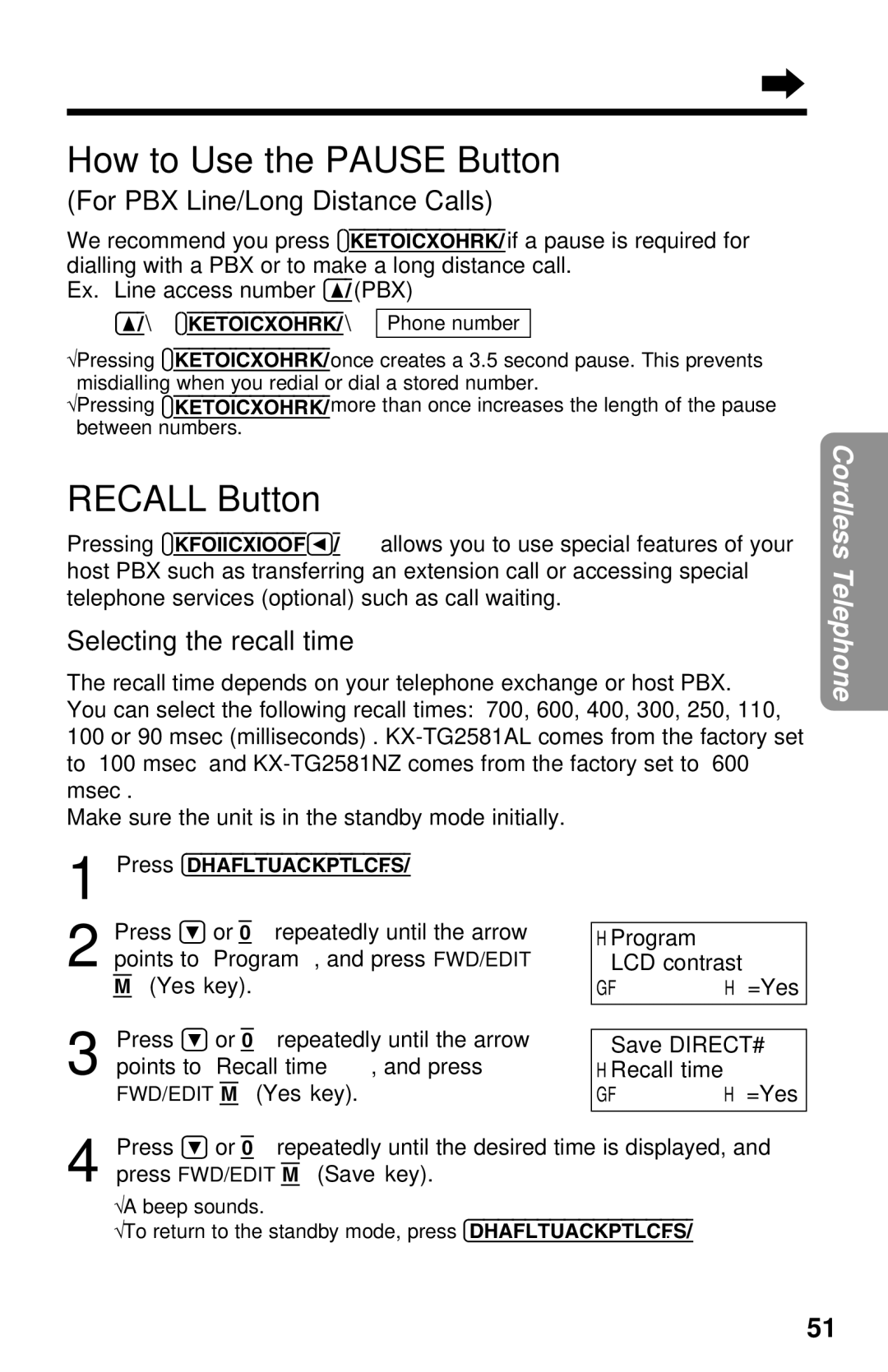 Panasonic KX-TG2581ALS, KX-TG2581NZS How to Use the Pause Button, Recall Button, For PBX Line/Long Distance Calls 