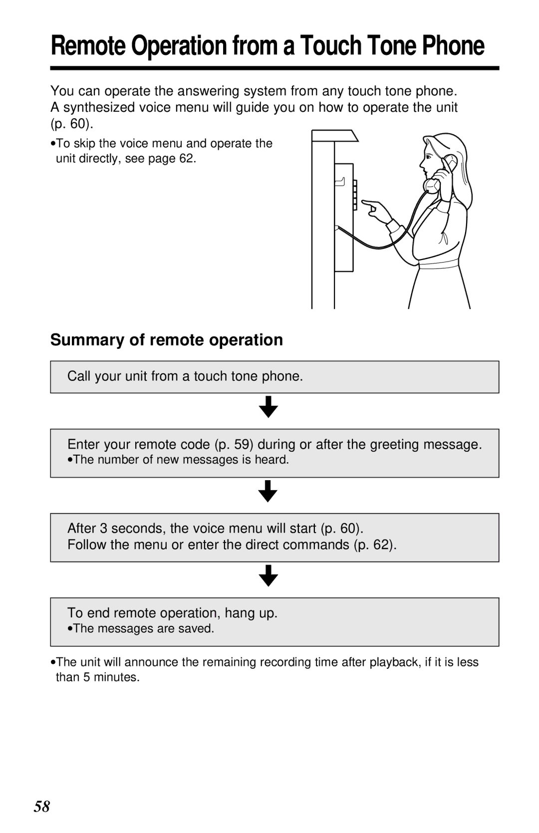 Panasonic KX-TG2581ALS, KX-TG2581NZS Remote Operation from a Touch Tone Phone, Summary of remote operation 