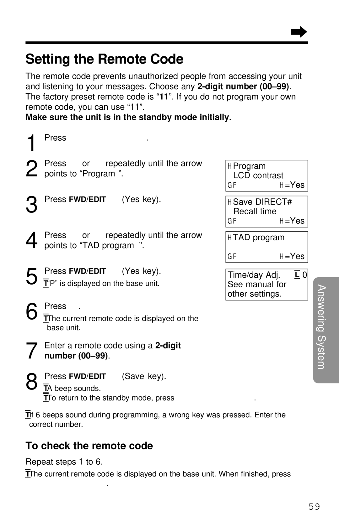 Panasonic KX-TG2581ALS, KX-TG2581NZS Setting the Remote Code, To check the remote code, Number, Repeat steps 1 to 