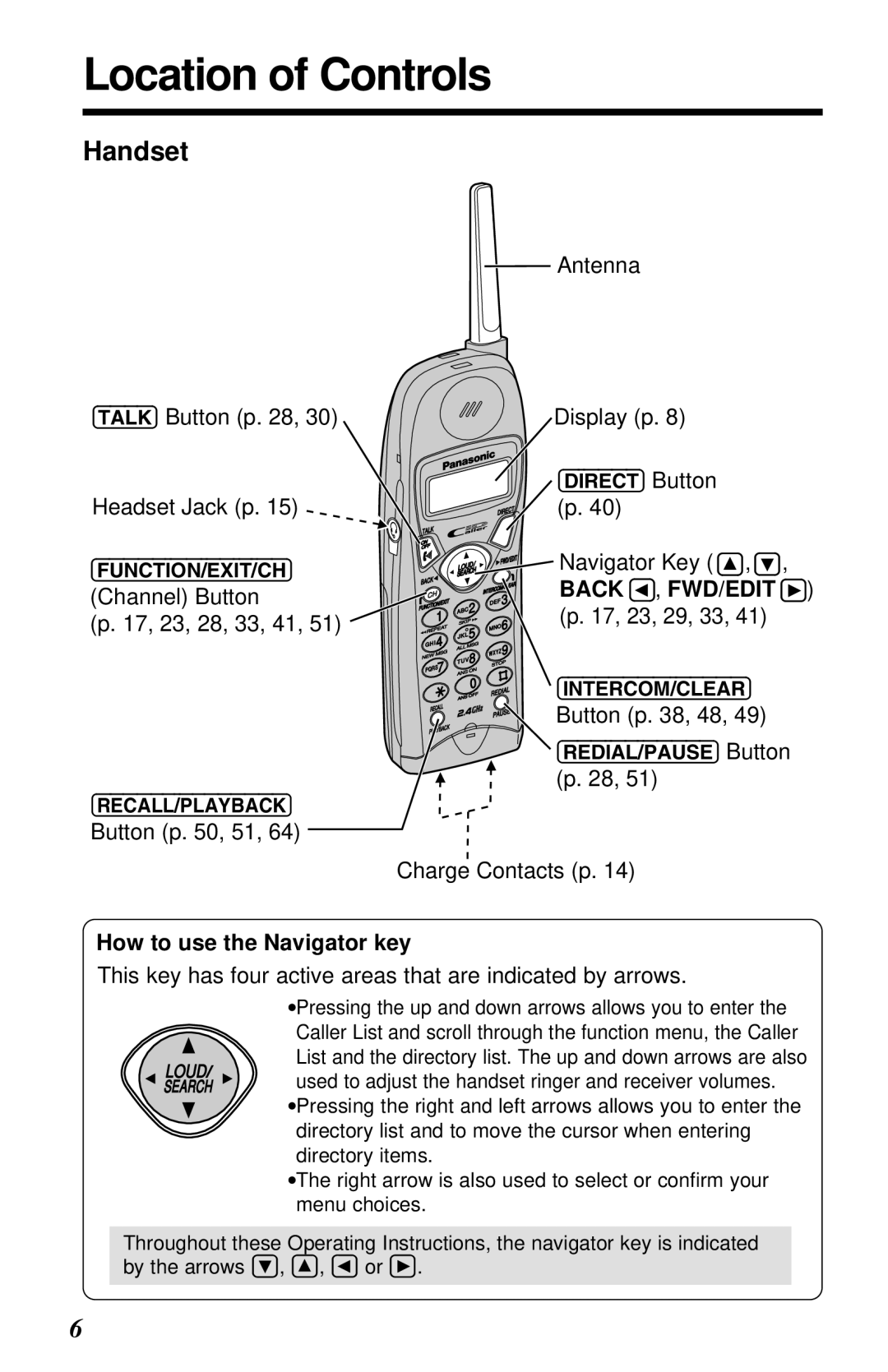 Panasonic KX-TG2581ALS, KX-TG2581NZS operating instructions Location of Controls, Handset, How to use the Navigator key 