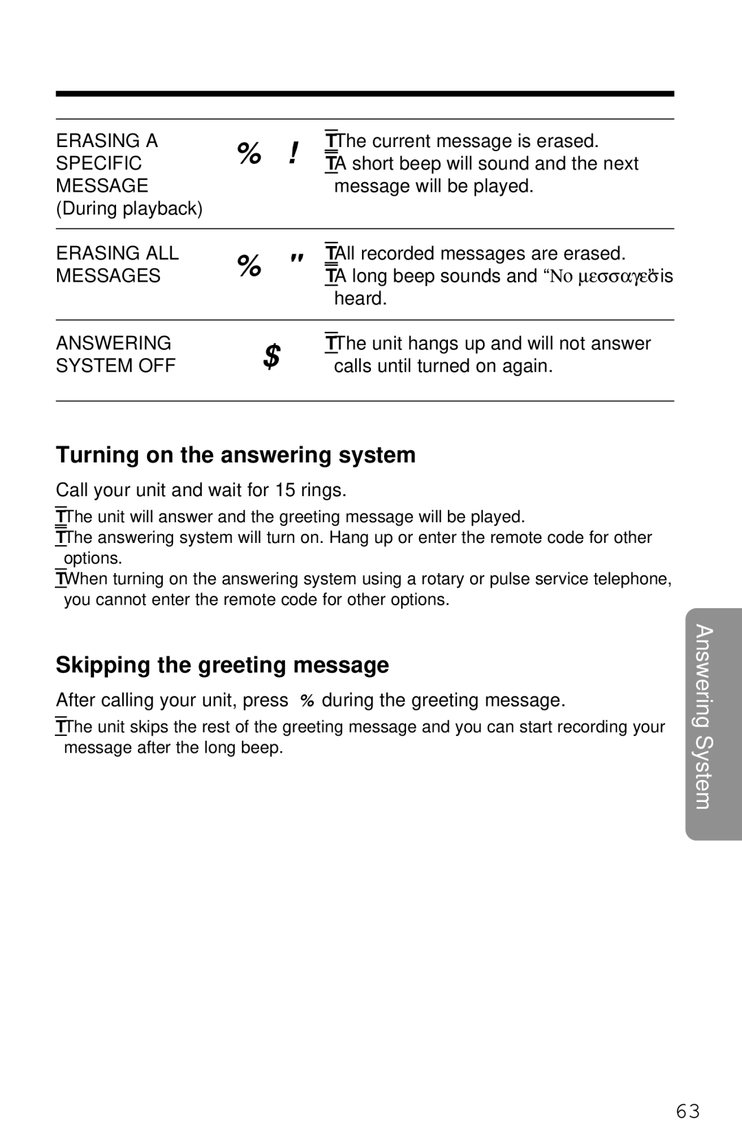 Panasonic KX-TG2581ALS, KX-TG2581NZS operating instructions Turning on the answering system, Skipping the greeting message 