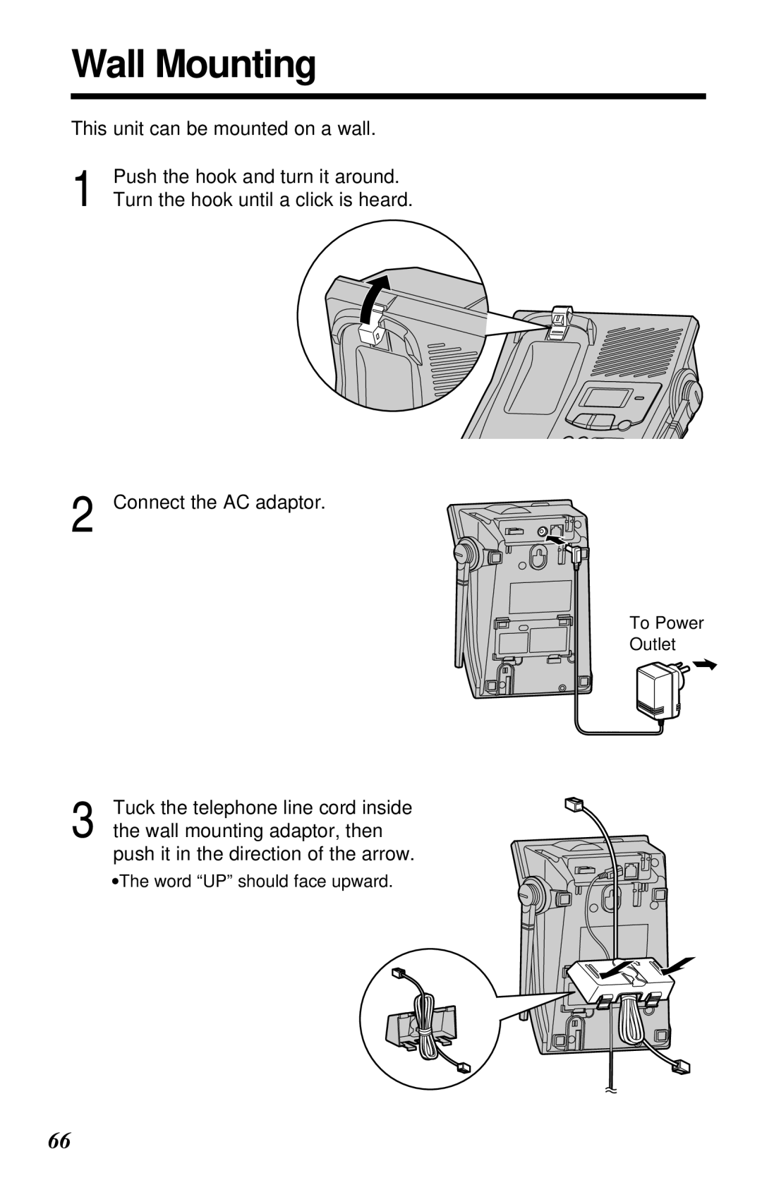 Panasonic KX-TG2581ALS, KX-TG2581NZS Wall Mounting, Tuck the telephone line cord inside, Wall mounting adaptor, then 