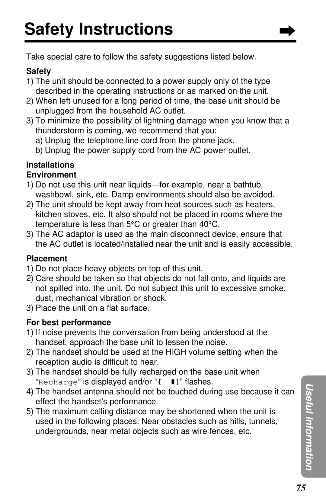 Panasonic KX-TG2581ALS, KX-TG2581NZS Safety Instructions, Installations Environment, Placement, For best performance 