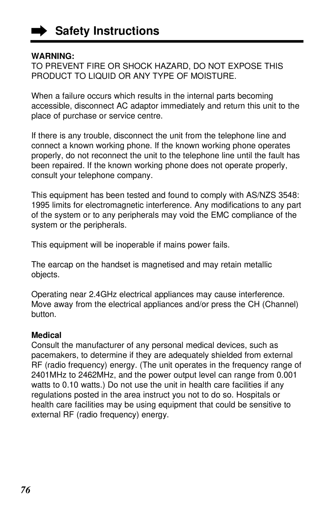 Panasonic KX-TG2581ALS, KX-TG2581NZS operating instructions Safety Instructions, Medical 