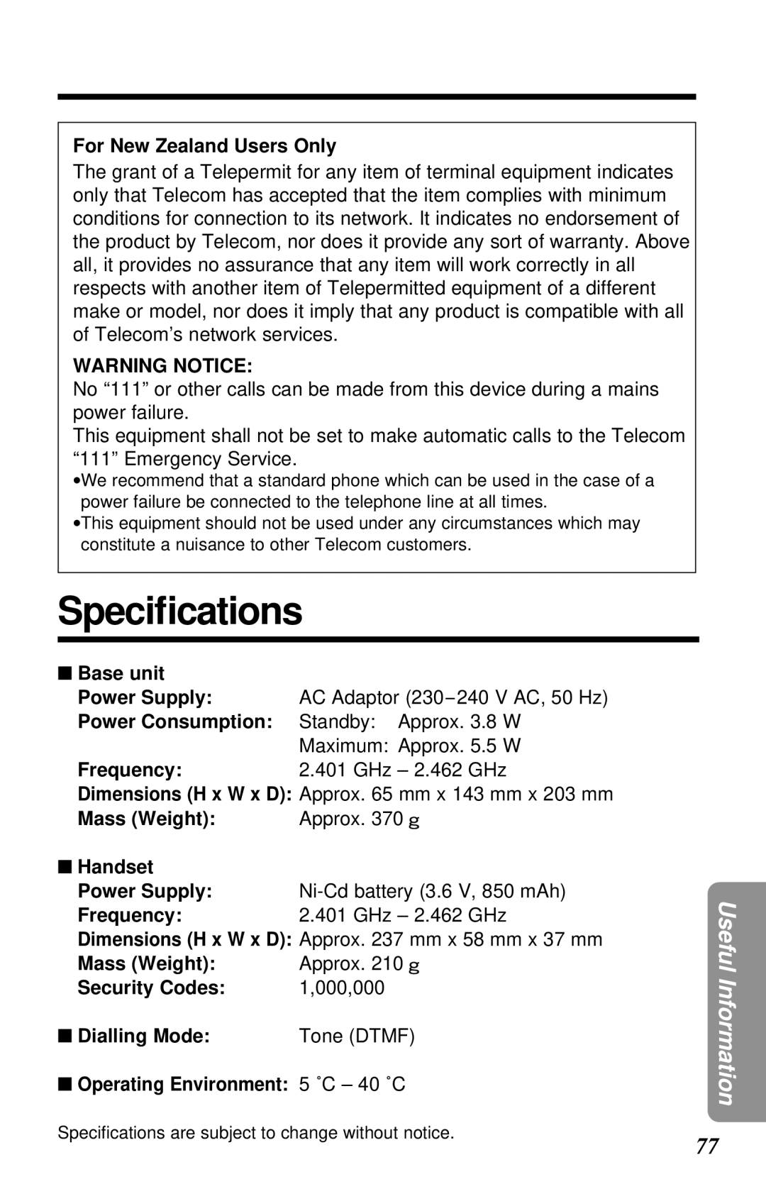 Panasonic KX-TG2581ALS, KX-TG2581NZS operating instructions Speciﬁcations 