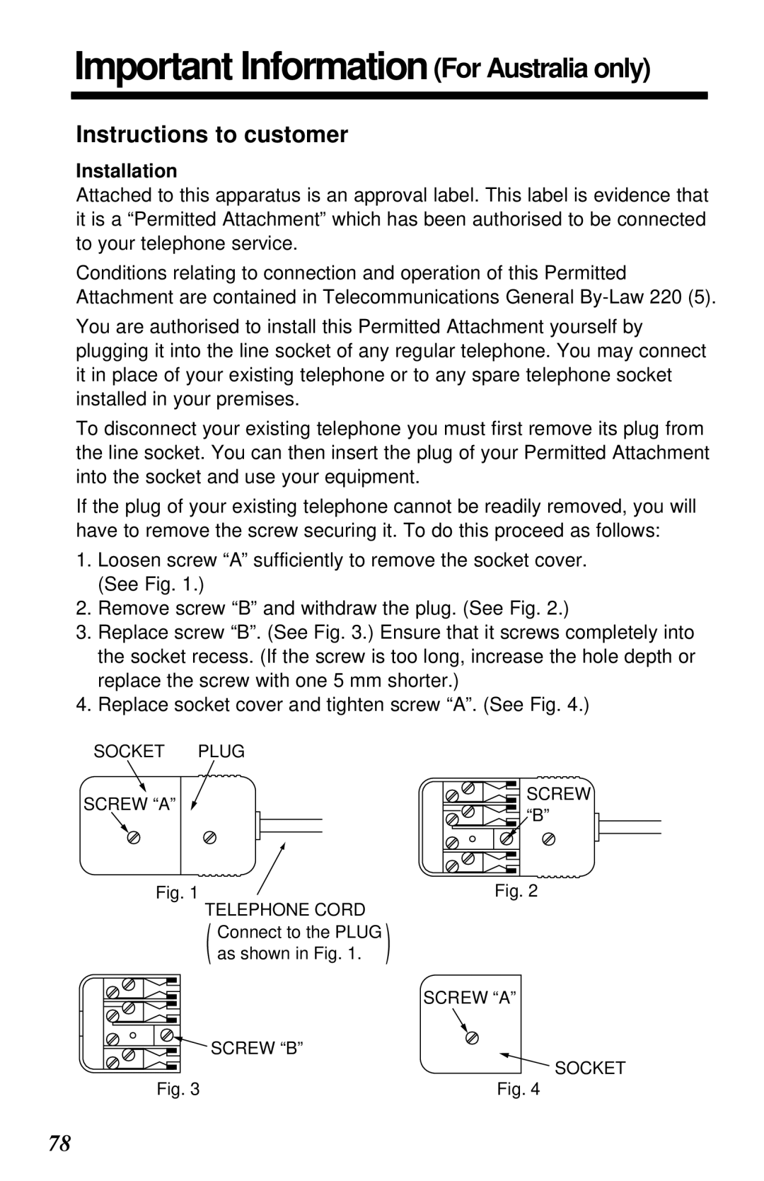 Panasonic KX-TG2581ALS, KX-TG2581NZS Important Information For Australia only, Instructions to customer, Installation 