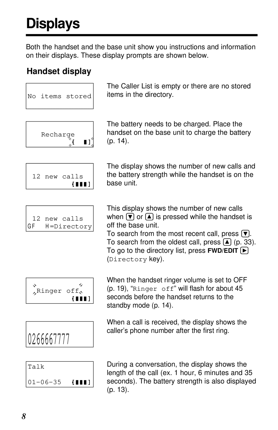 Panasonic KX-TG2581ALS, KX-TG2581NZS operating instructions Displays, Handset display, Ringer off, Talk 01-06-35 