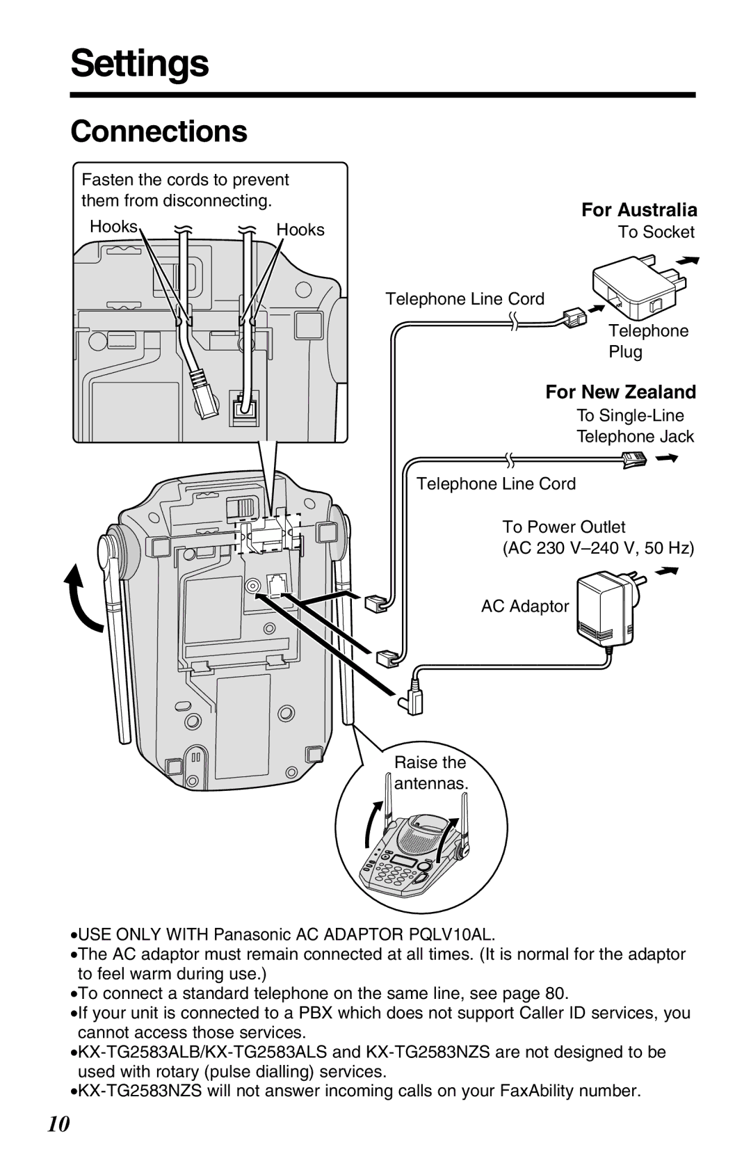 Panasonic KX-TG2583ALB, KX-TG2583ALS, KX-TG2583NZS operating instructions Settings, Connections 