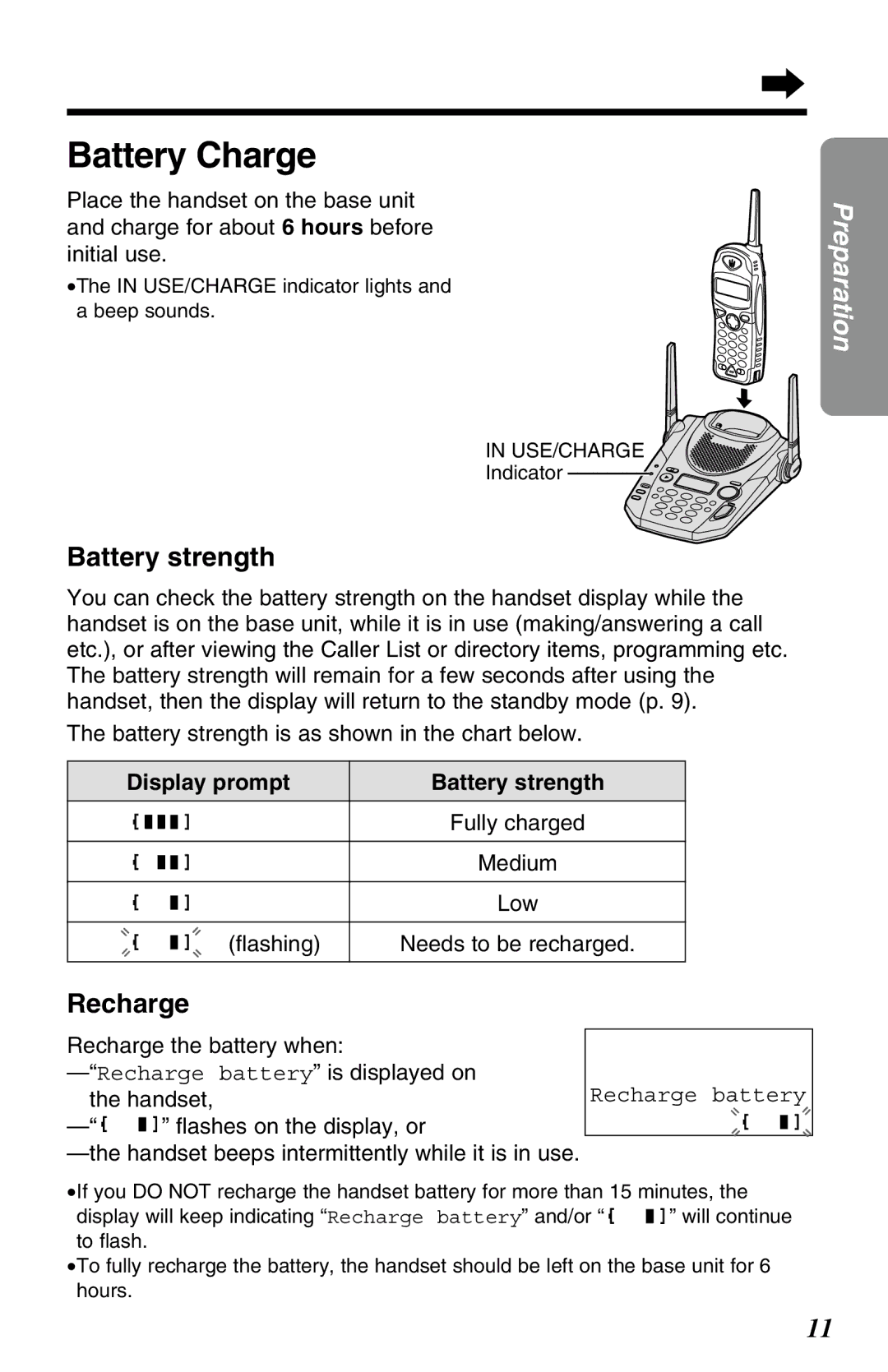 Panasonic KX-TG2583ALB, KX-TG2583ALS, KX-TG2583NZS Display prompt Battery strength, Recharge battery 