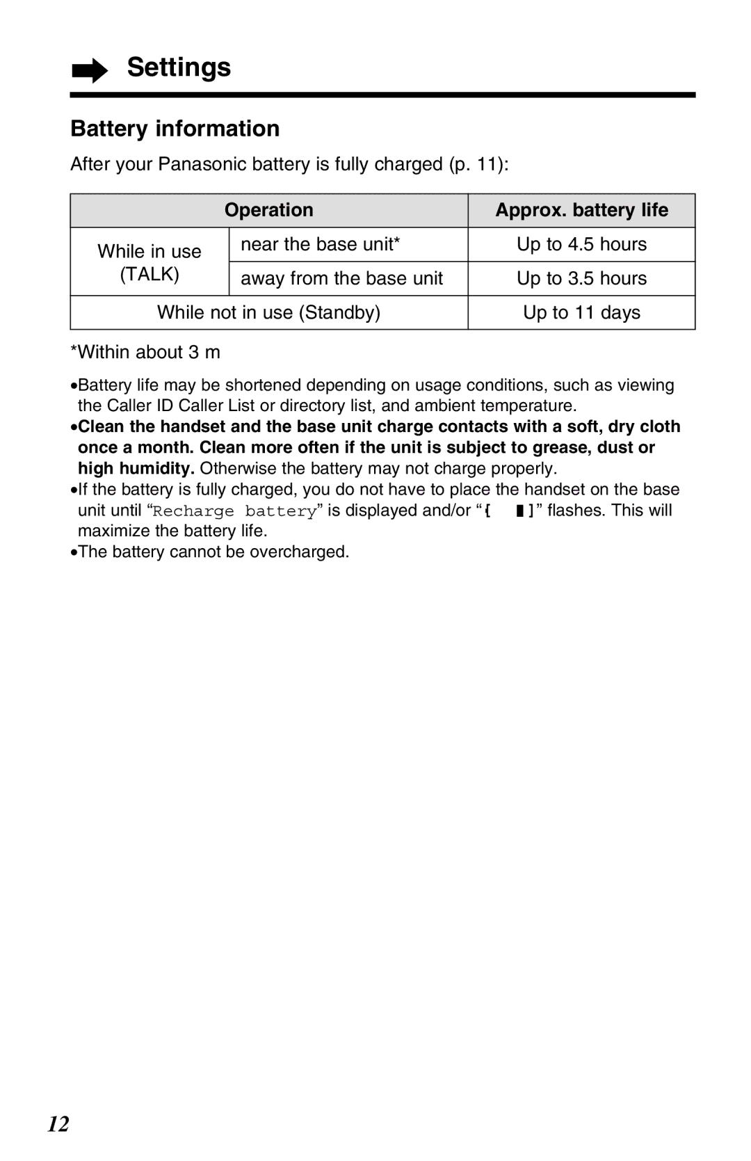 Panasonic KX-TG2583ALB, KX-TG2583ALS, KX-TG2583NZS Settings, Battery information, Operation Approx. battery life 