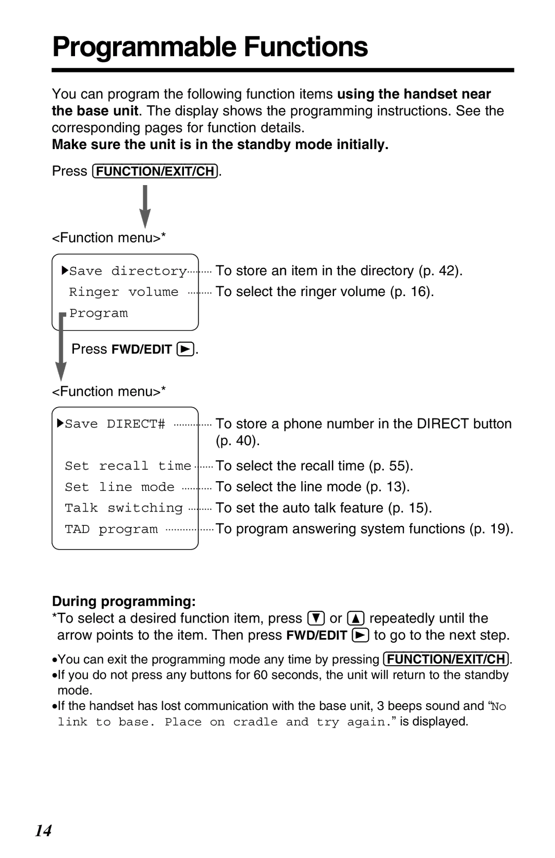 Panasonic KX-TG2583ALB, KX-TG2583ALS, KX-TG2583NZS operating instructions Programmable Functions, During programming 