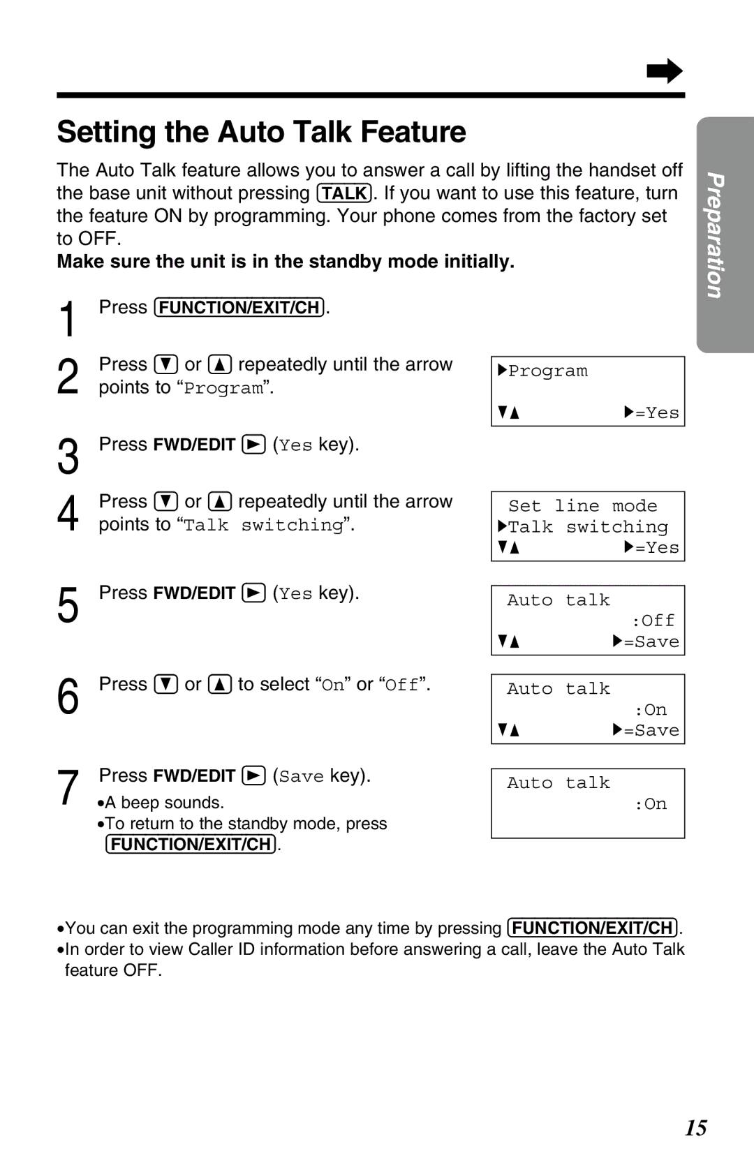 Panasonic KX-TG2583ALB, KX-TG2583ALS, KX-TG2583NZS Setting the Auto Talk Feature, Points to Talk switching 