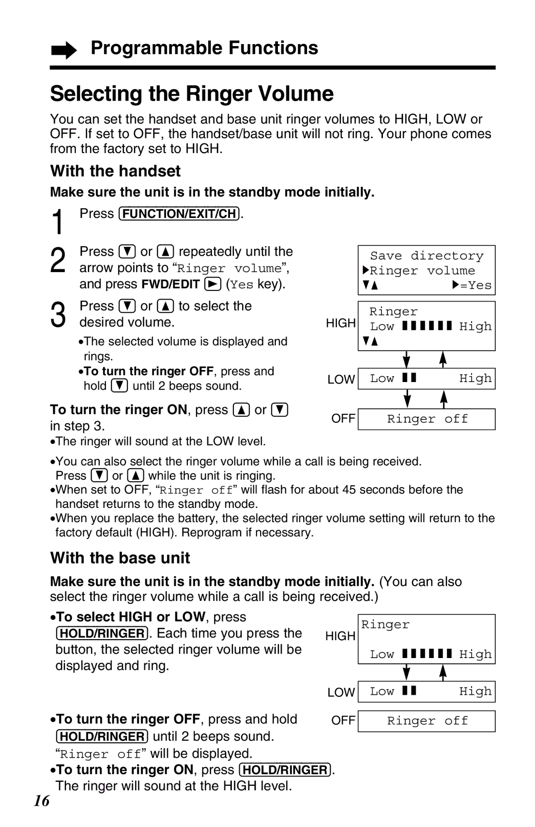 Panasonic KX-TG2583ALB, KX-TG2583ALS, KX-TG2583NZS Selecting the Ringer Volume, Programmable Functions, With the handset 