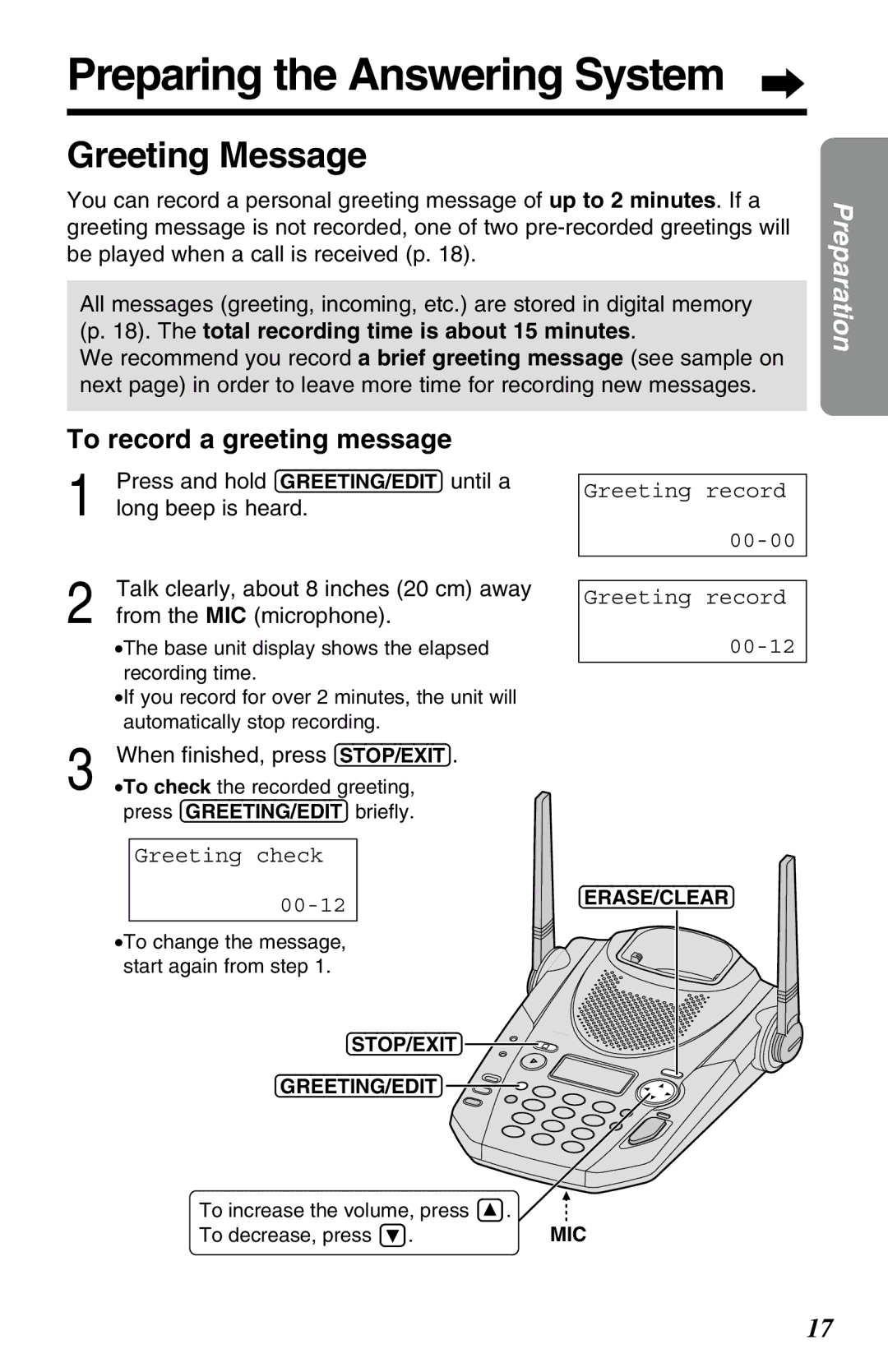 Panasonic KX-TG2583ALB, KX-TG2583ALS, KX-TG2583NZS operating instructions Preparing the Answering System, Greeting Message 