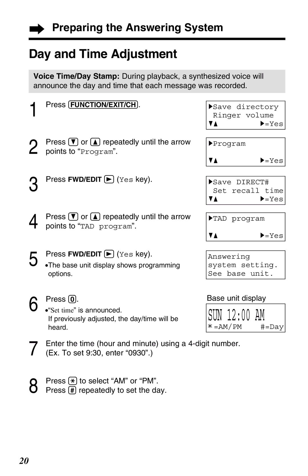 Panasonic KX-TG2583ALB, KX-TG2583ALS, KX-TG2583NZS Day and Time Adjustment, Points to TAD program, Press Base unit display 