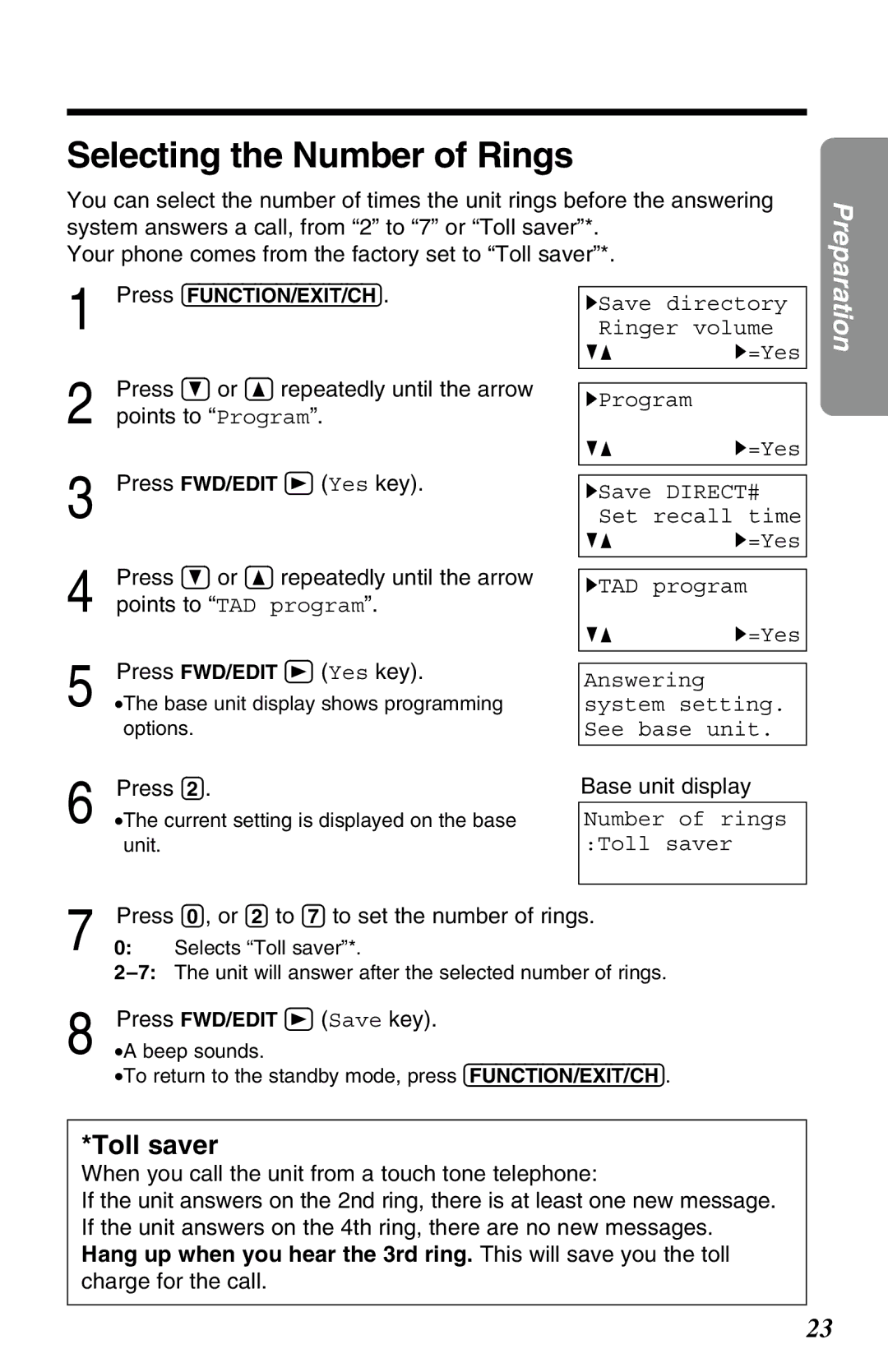 Panasonic KX-TG2583ALB, KX-TG2583ALS, KX-TG2583NZS operating instructions Selecting the Number of Rings, Toll saver, Press 