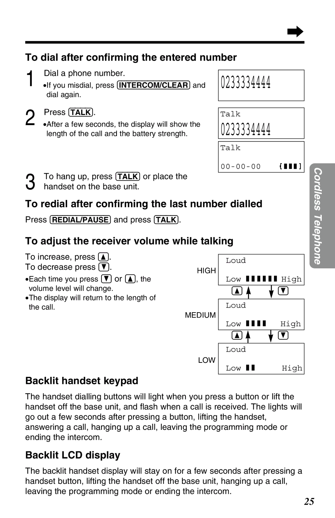 Panasonic KX-TG2583ALB, KX-TG2583ALS, KX-TG2583NZS To dial after conﬁrming the entered number, Backlit handset keypad 