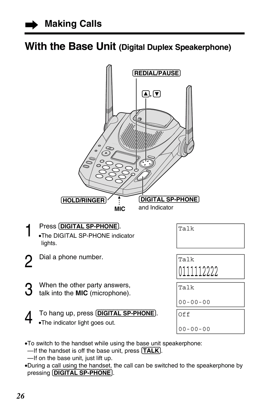 Panasonic KX-TG2583ALB, KX-TG2583ALS, KX-TG2583NZS Making Calls, With the Base Unit Digital Duplex Speakerphone 