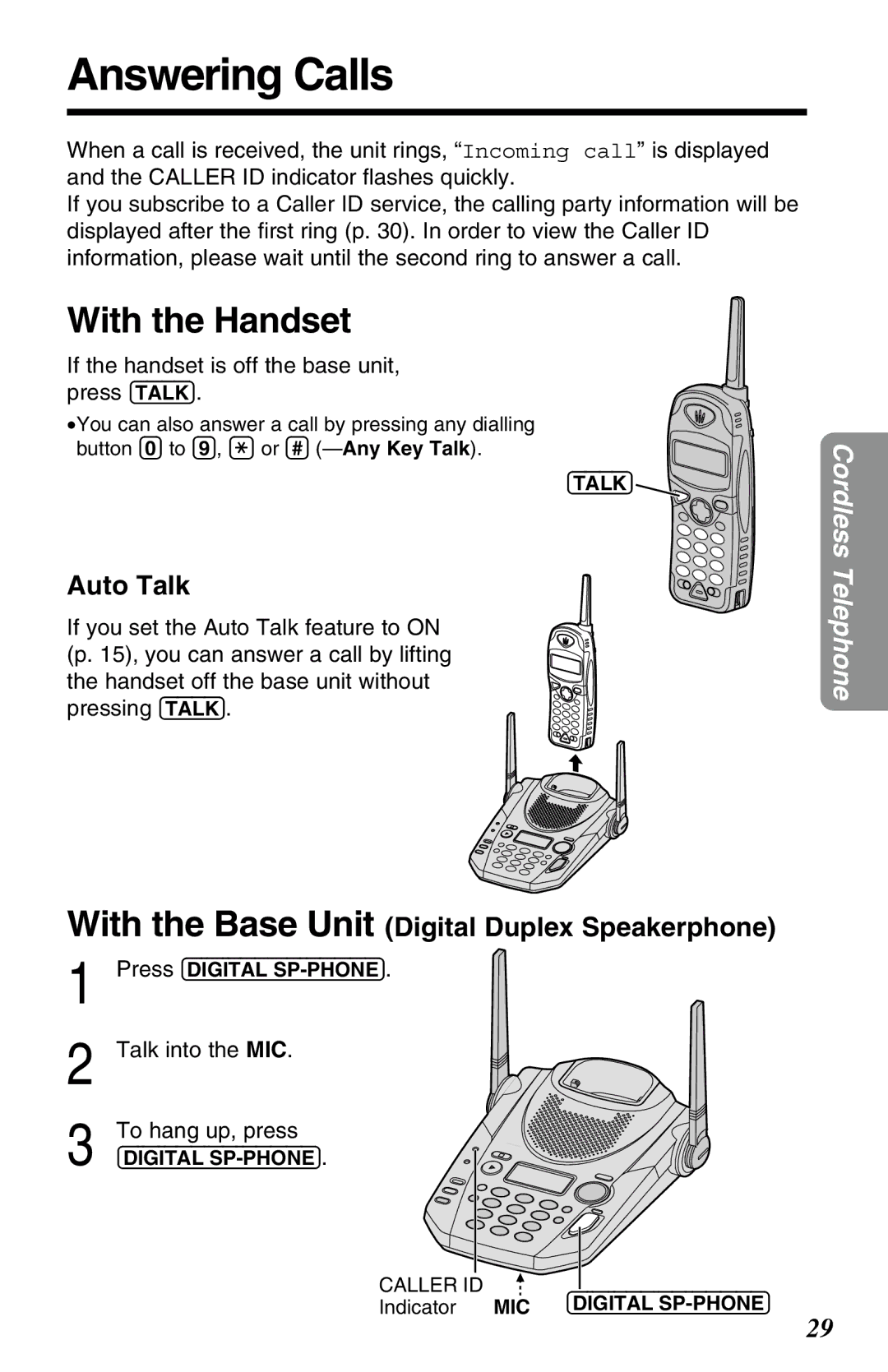 Panasonic KX-TG2583ALB, KX-TG2583ALS, KX-TG2583NZS Answering Calls, Auto Talk, Talk into the MIC To hang up, press 