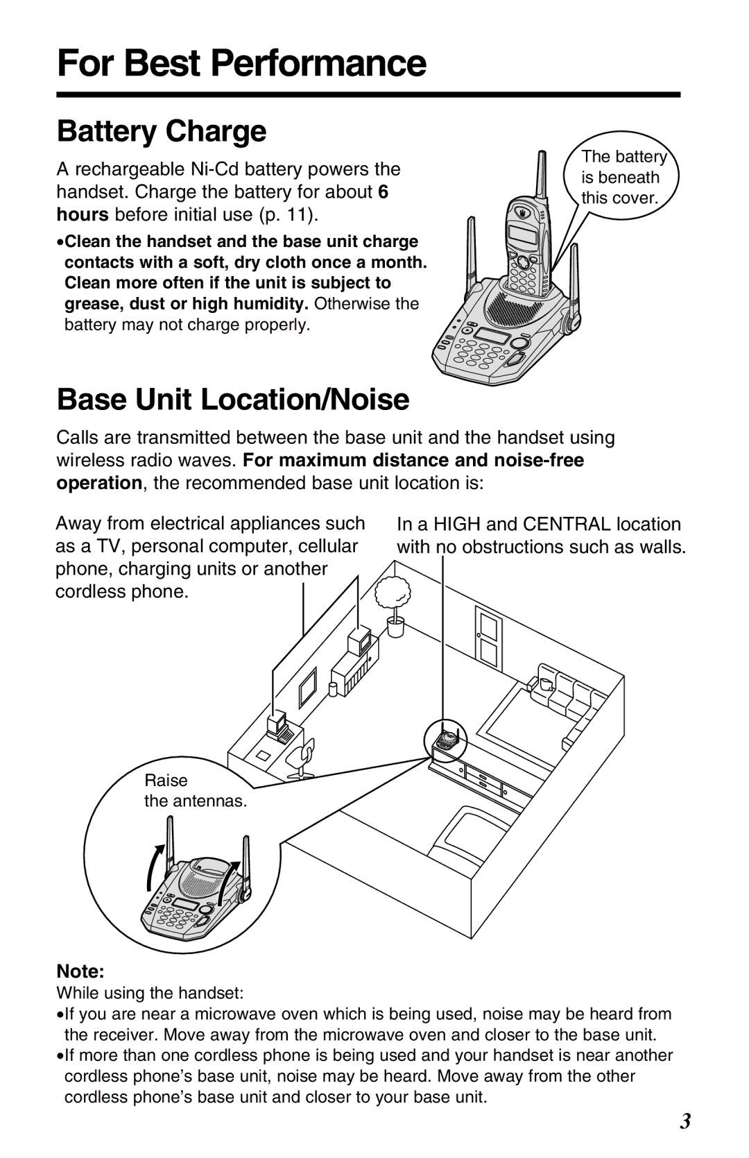 Panasonic KX-TG2583ALB, KX-TG2583ALS, KX-TG2583NZS For Best Performance, Battery Charge, Base Unit Location/Noise 