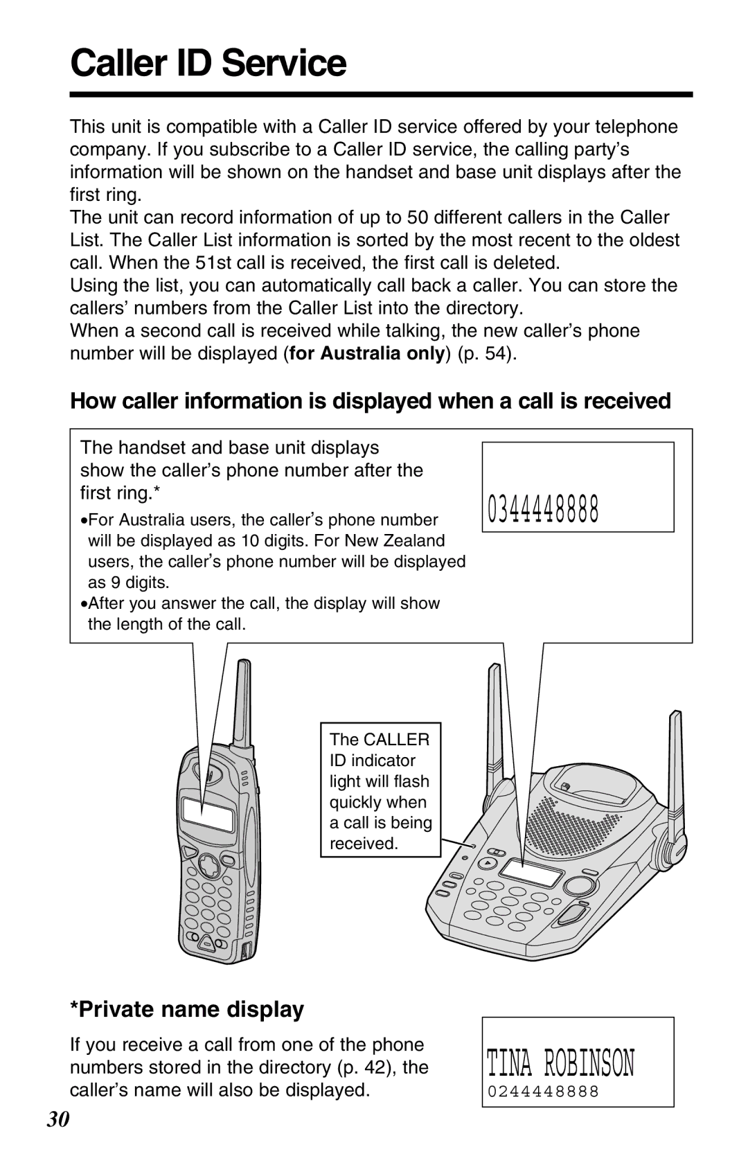 Panasonic KX-TG2583ALB, KX-TG2583ALS, KX-TG2583NZS Caller ID Service, Private name display, 0244448888 