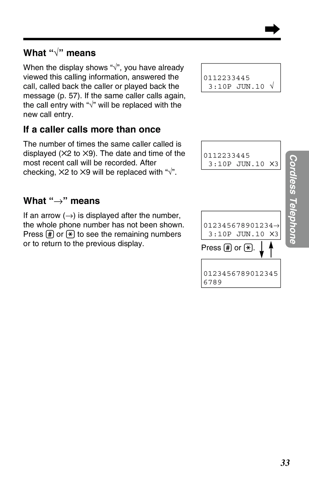 Panasonic KX-TG2583ALB, KX-TG2583ALS, KX-TG2583NZS What √ means, If a caller calls more than once, What → means 