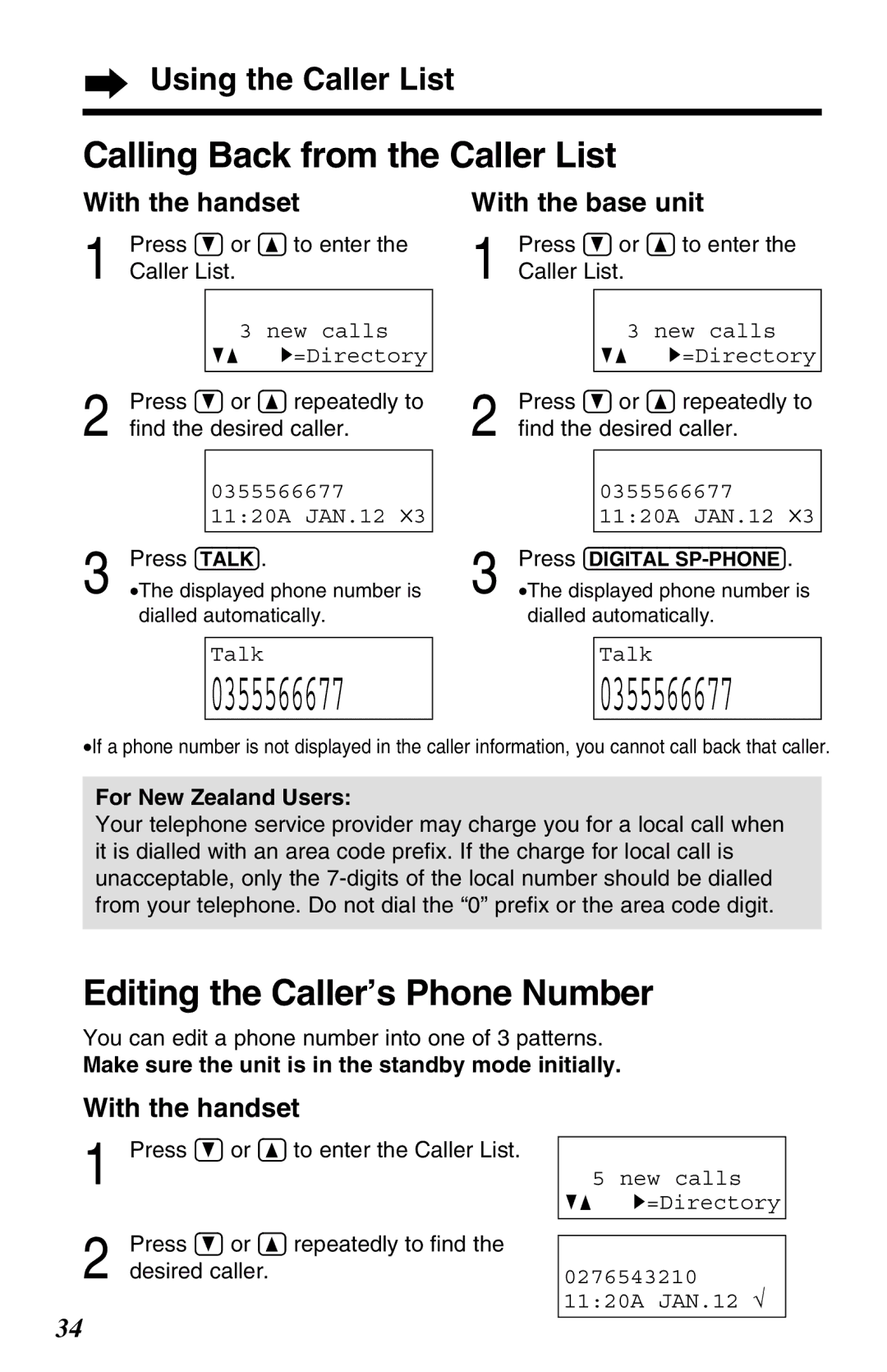 Panasonic KX-TG2583ALB, KX-TG2583ALS, KX-TG2583NZS Calling Back from the Caller List, Editing the Caller’s Phone Number 