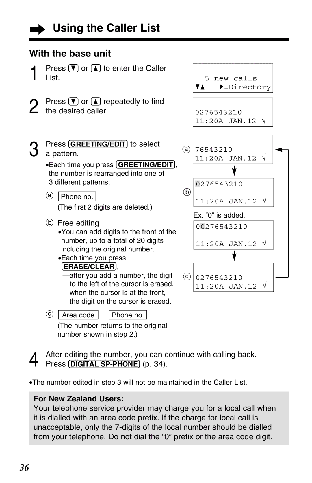 Panasonic KX-TG2583ALB, KX-TG2583ALS, KX-TG2583NZS Press Å or Ä to enter the Caller, List, 00276543210 1120A JAN.12 √ 