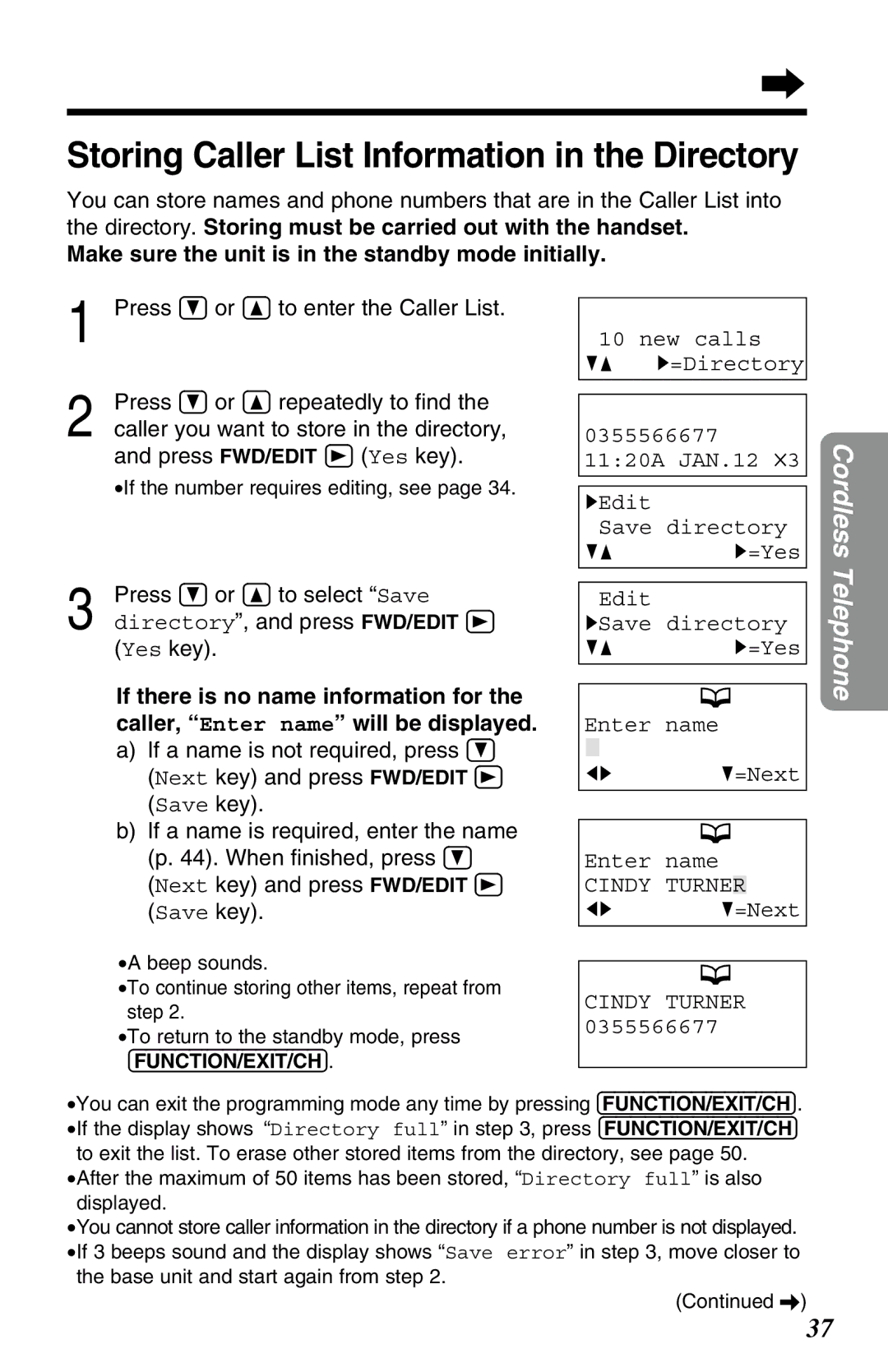 Panasonic KX-TG2583ALB, KX-TG2583ALS, KX-TG2583NZS Storing Caller List Information in the Directory, Edit HSave directory 