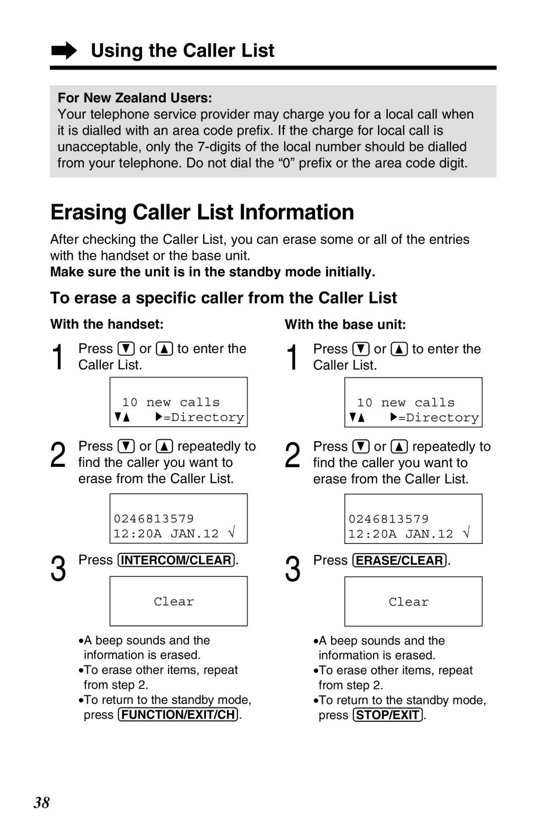 Panasonic KX-TG2583ALB, KX-TG2583ALS, KX-TG2583NZS Erasing Caller List Information, With the handset, With the base unit 