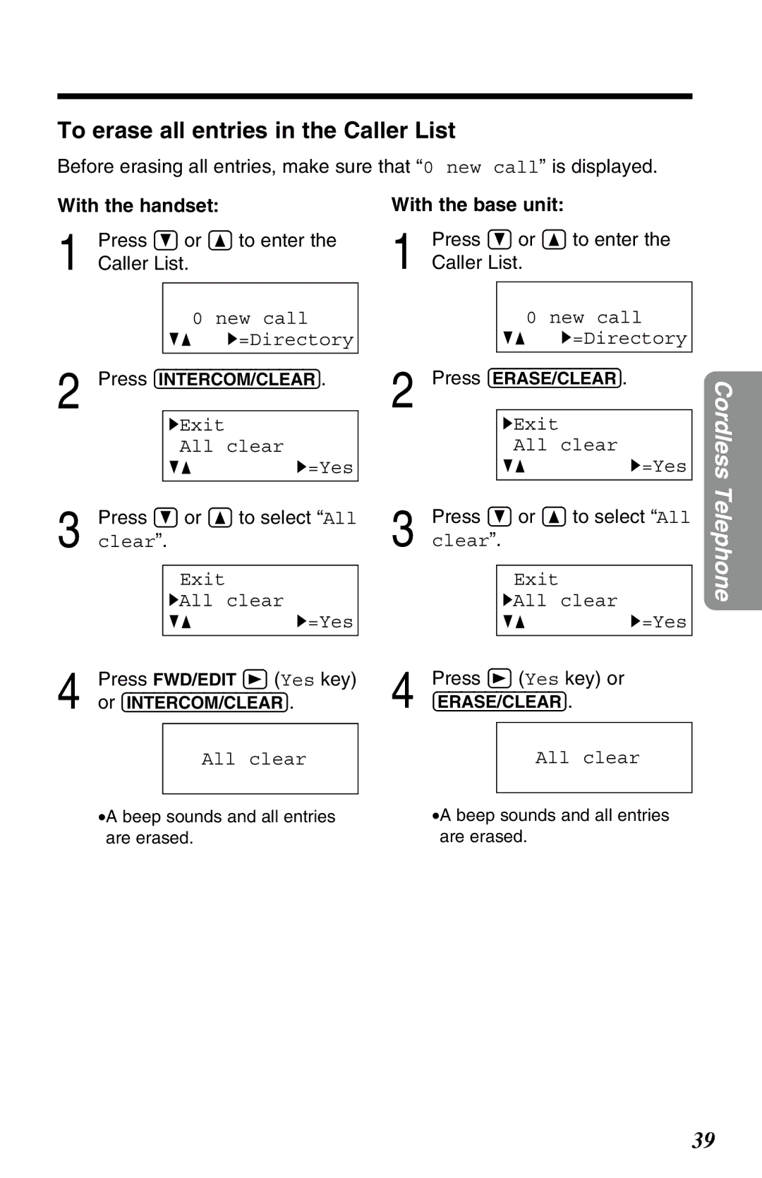 Panasonic KX-TG2583ALB, KX-TG2583ALS, KX-TG2583NZS operating instructions To erase all entries in the Caller List 