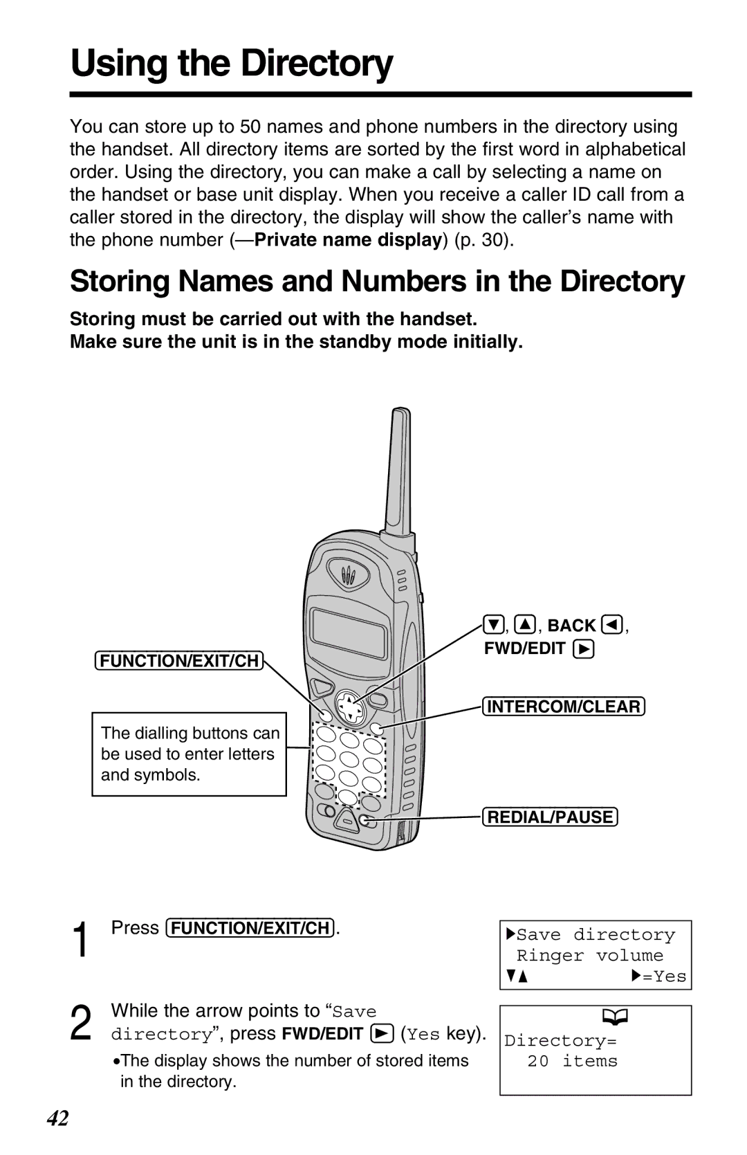 Panasonic KX-TG2583ALB, KX-TG2583ALS, KX-TG2583NZS Using the Directory, Storing Names and Numbers in the Directory 