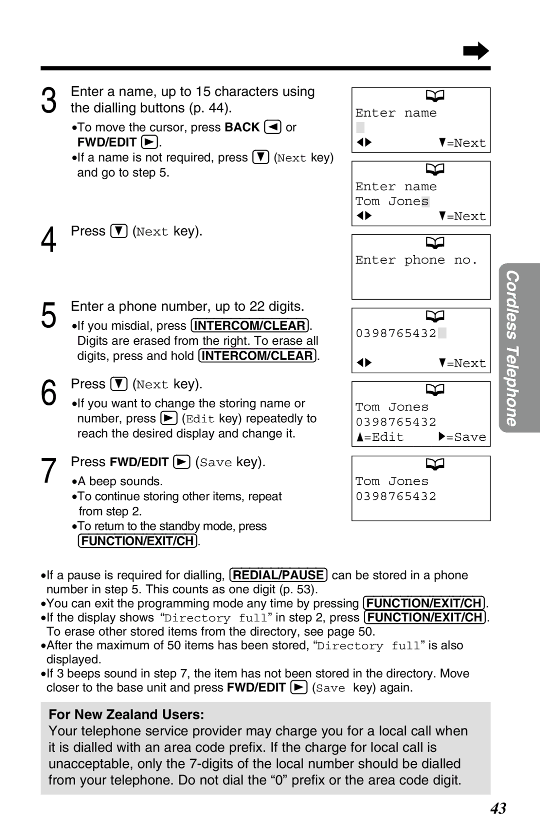 Panasonic KX-TG2583ALB, KX-TG2583ALS, KX-TG2583NZS Enter a name, up to 15 characters using, Dialling buttons p 