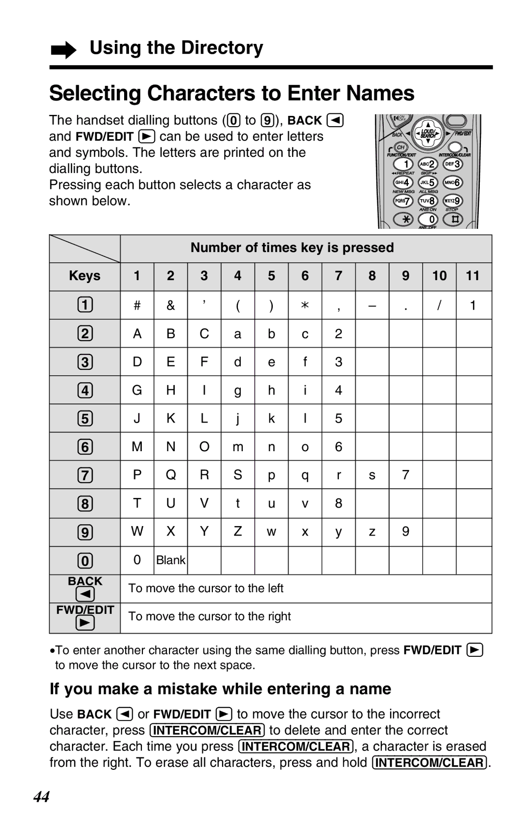 Panasonic KX-TG2583ALB, KX-TG2583ALS, KX-TG2583NZS Selecting Characters to Enter Names, Using the Directory, Keys 