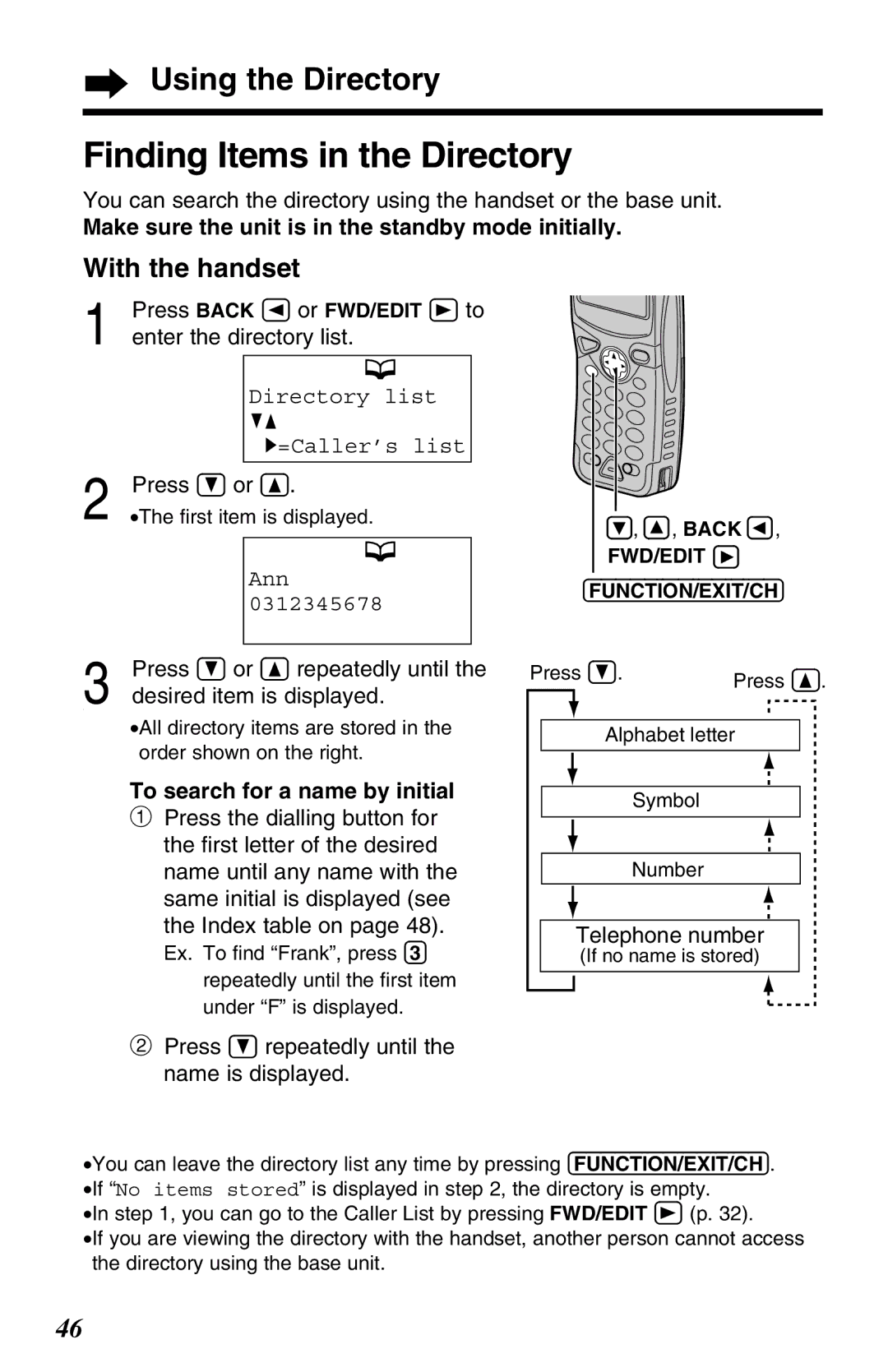 Panasonic KX-TG2583ALB, KX-TG2583ALS, KX-TG2583NZS Finding Items in the Directory, To search for a name by initial 