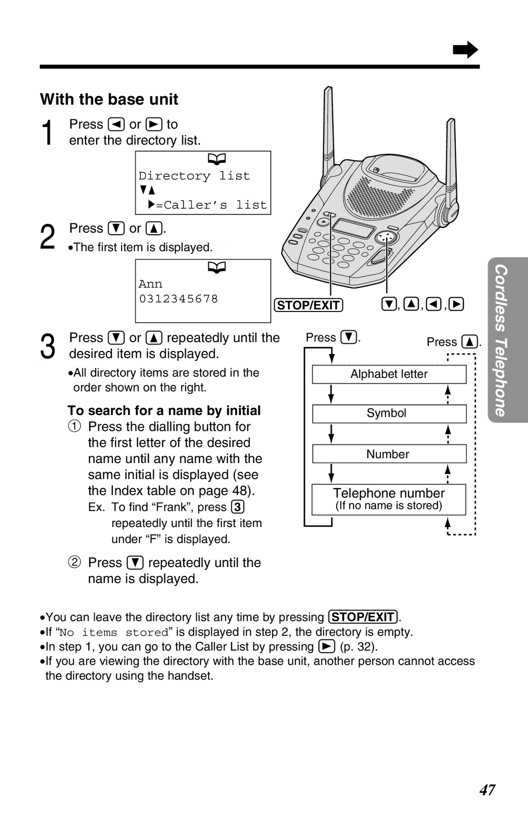 Panasonic KX-TG2583ALB, KX-TG2583ALS, KX-TG2583NZS Press Ç or É to Enter the directory list, Desired item is displayed 